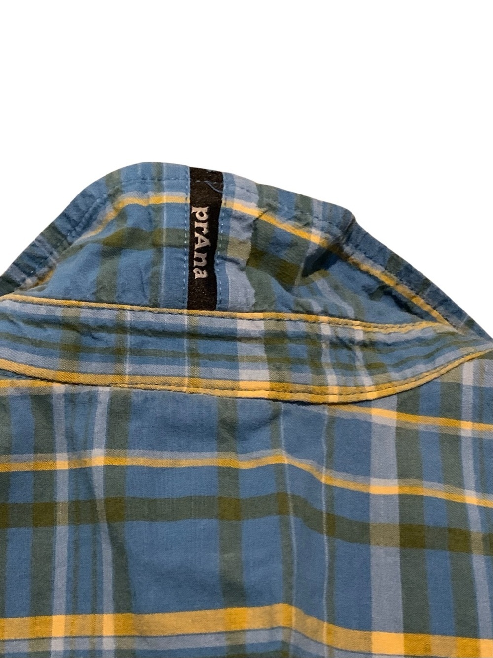 PrAna Organic Cotton Plaid Button Up Shirt Large Blue Green Hiking Outdoor Camp - Picture 4 of 8